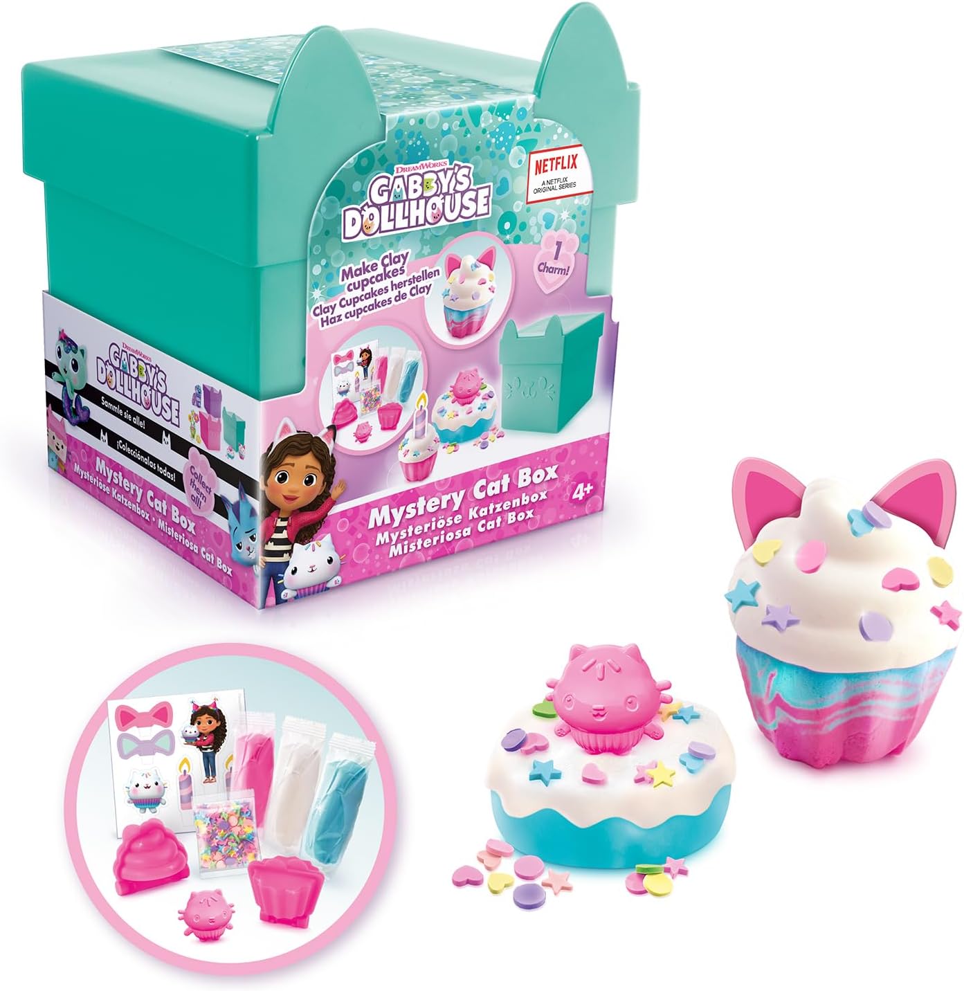 Gabby's Dollhouse Mystery Cat Box Clay Sensory Kit, Cakey Cat charm, easy storage, Green