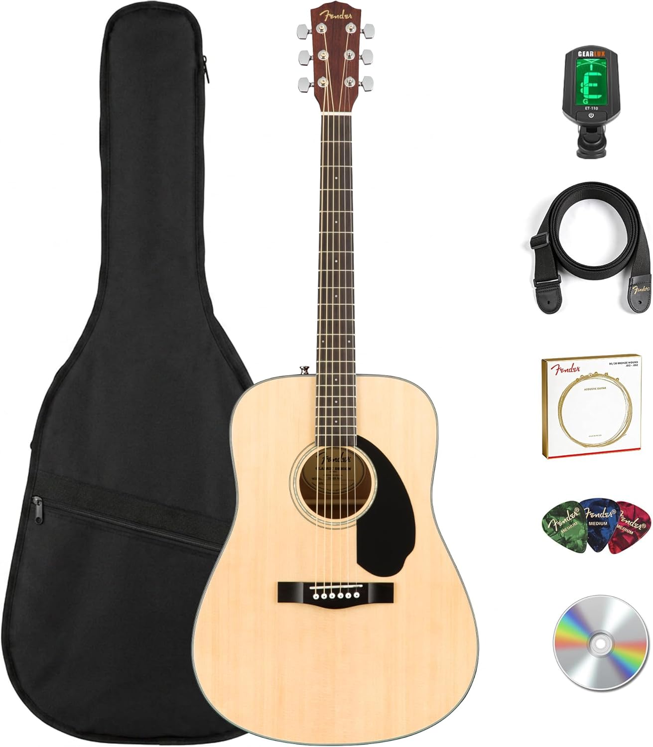 Fender CD-60S Solid Top Dreadnought Acoustic Guitar - Natural Bundle with Gig Bag, Tuner, Strap, Strings, Picks, and Austin Bazaar Instructional DVD