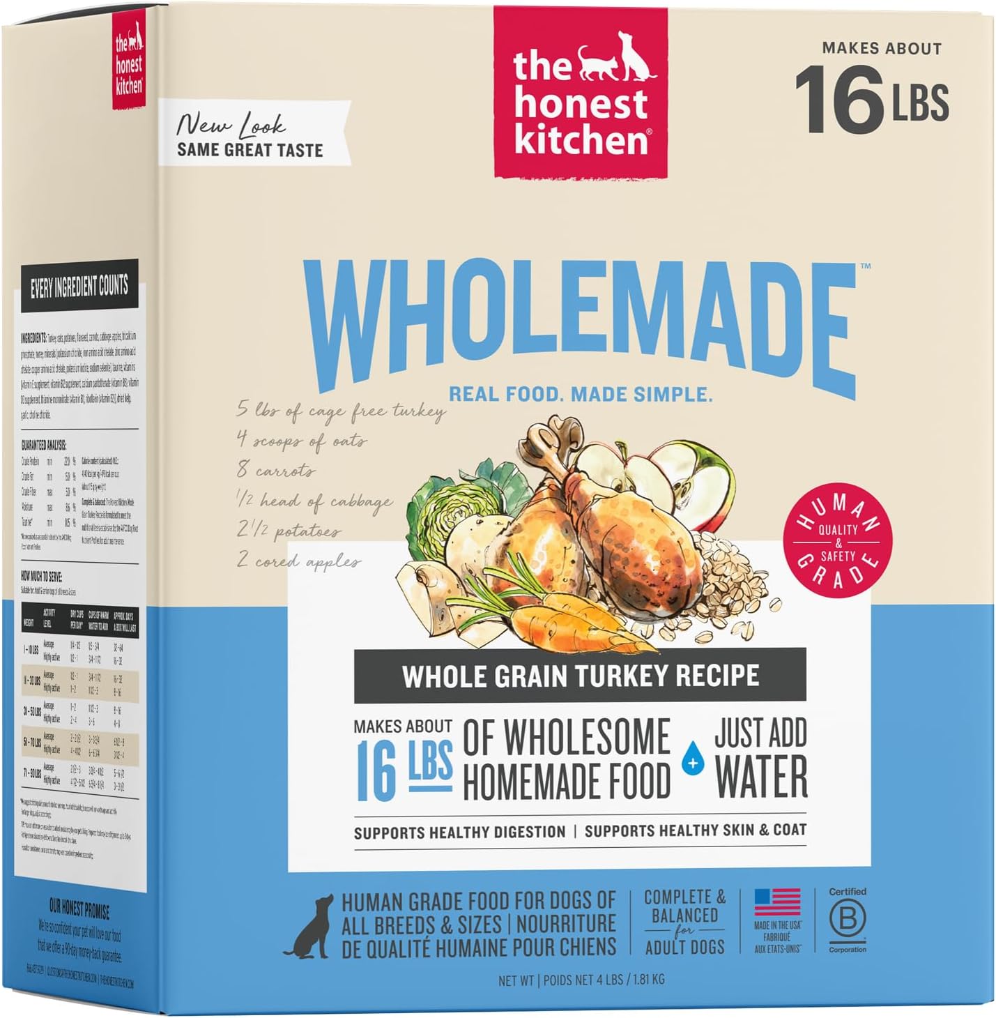 The Honest Kitchen Wholemade Whole Grain Turkey Recipe, Human Grade Dehydrated Dog Food, Just Add Water, Supports Healthy Digestion, Skin & Coat, Topper for Dry or Wet Dog Food, 4 lb Box Makes 16 lbs