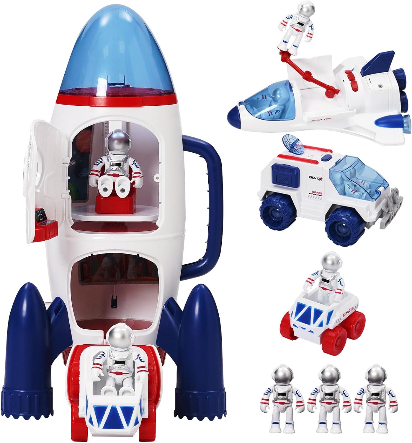 YULEYU Spaceship Toy Set with Lights & Sound for Boys Girls, including 3 Astronauts Figure, 1 Space Rocket, 2 Space Rover, 1 Shuttle, Astro Venture Playset 10 Pcs (2) (10 Pcs)
