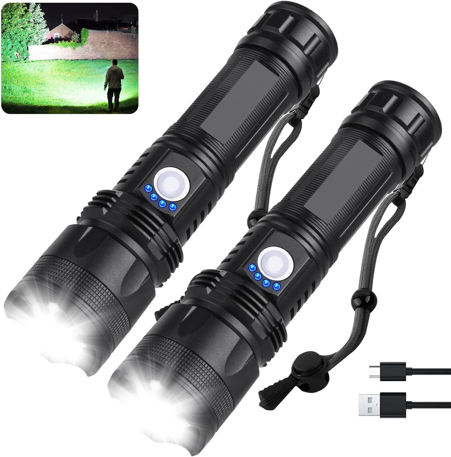 Rechargeable Flashlights 90000 High Lumens - 2 Pack, Super Bright LED Flash Light with 5 Modes, 12 Hour Brightest Waterproof Handheld Flashlight for Home, Camping