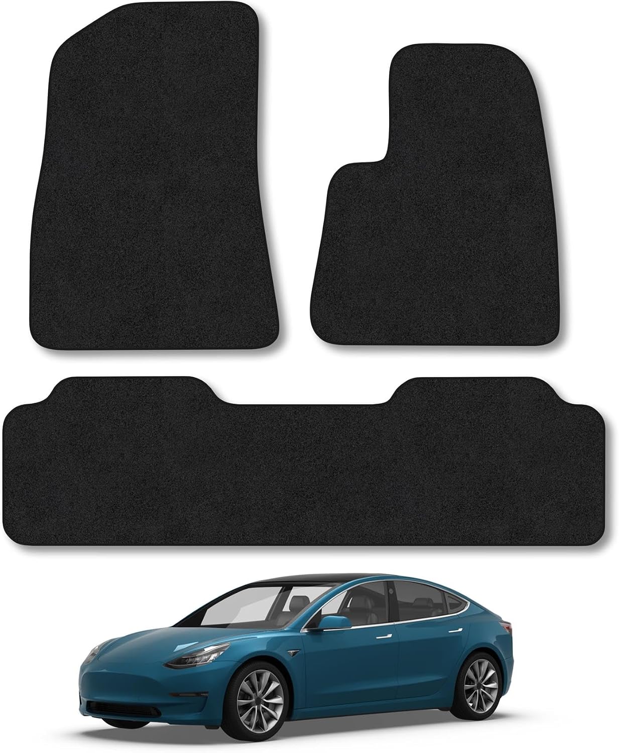 Car Mats Compatible with Tesla Model 3 (2017+) Black Carpet Tailored Fit Car Floor Mats Set Accessory Custom Fit Water-Resistant Anti Slip Backing All Weather Full Coverage With Clips Hand-Finished