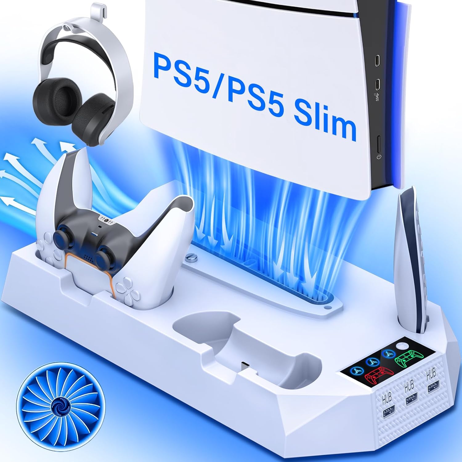 PS5/PS5 Slim Cooling Station with Controller Charging Station for Playstation 5 Slim&Standard Disc/Digital Console, PS5 Slim Stand Cooler Accessories Incl Cooling Fan/3 USB Hubs/Headset Holder/Screw