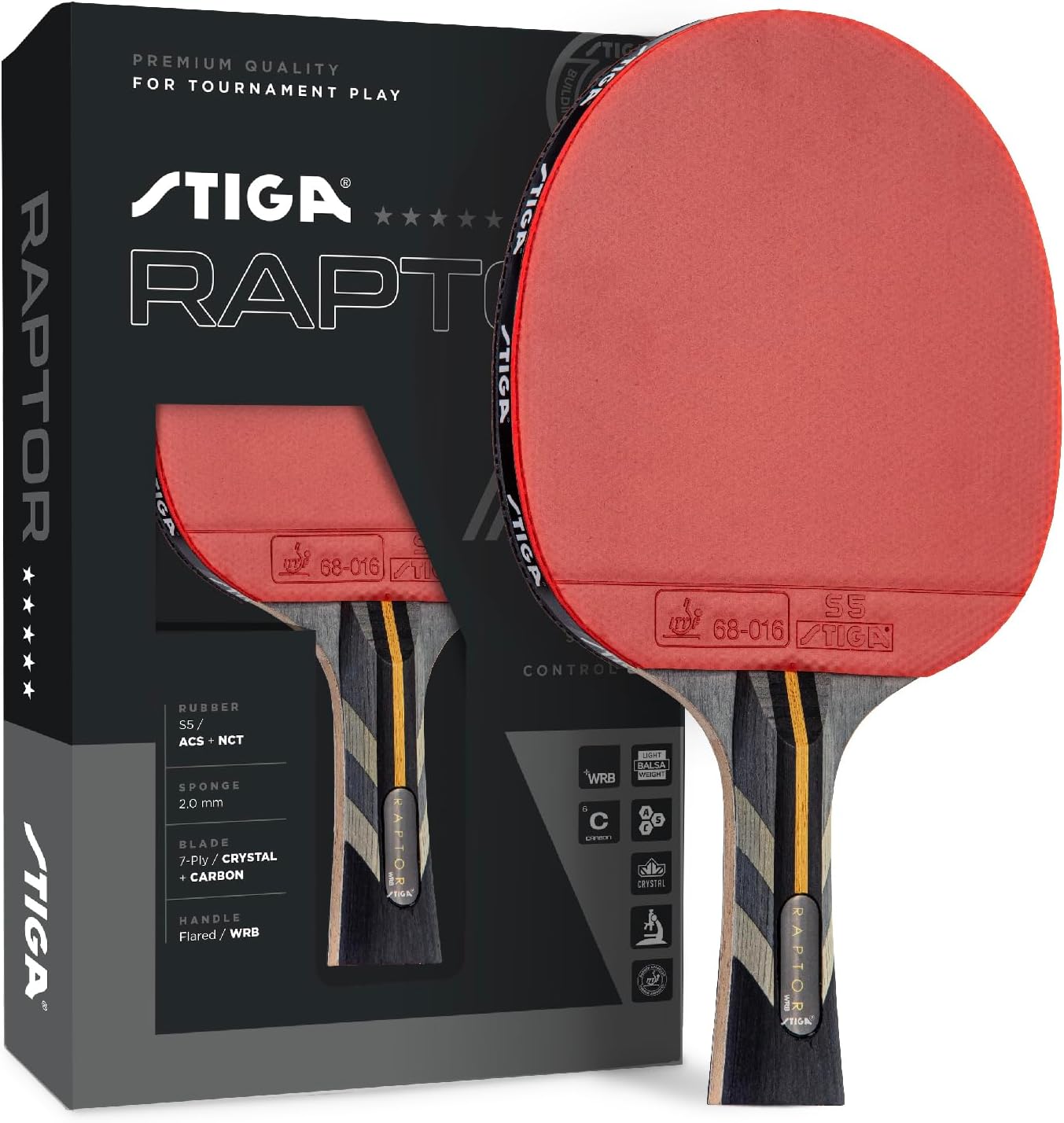 STIGA Pro Carbon + Raptor Performance-Level Table Tennis Rackets with Carbon Technology for Tournament Play - 7-ply Blade with Flared Handles - 2mm Sponge for Enhanced Control and Speed
