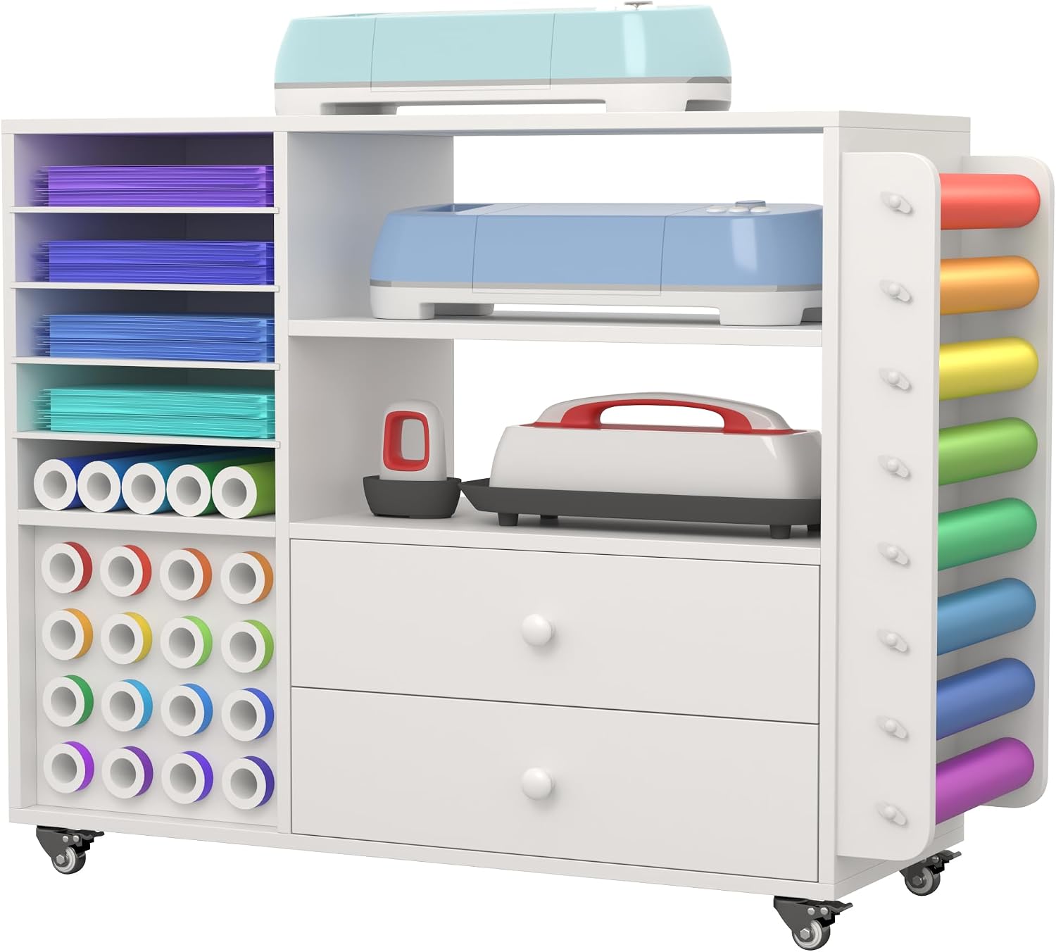 Craft Organization and Storage Cart Compatible with Cricut Machine Cricut Table, Rolling Craft Organizer with Two Large Drawer & 24 Vinyl Roll Holder & Paper Storage Organizer, for Craft Machines