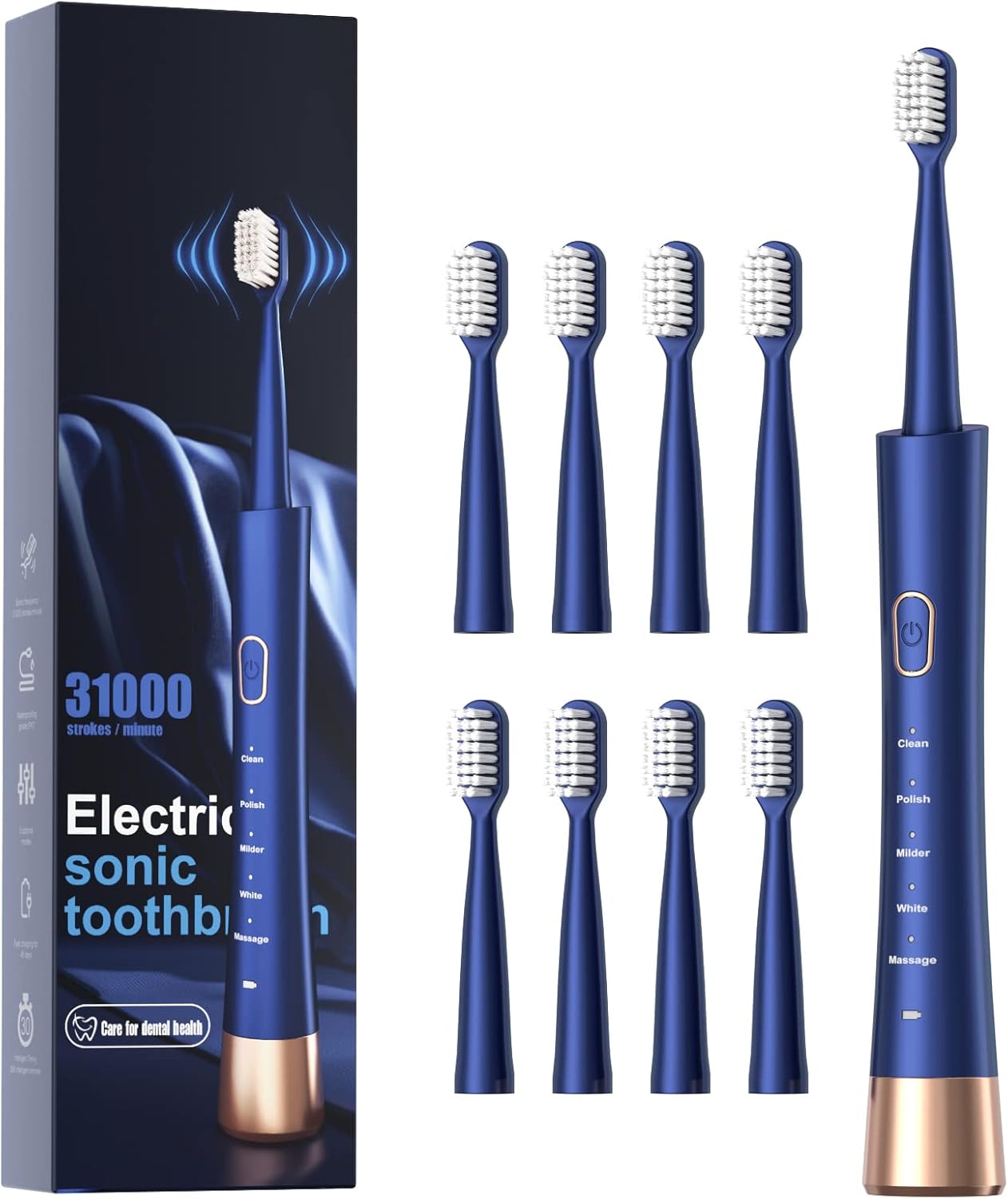 IPX7 Waterproof Sonicare Electric Toothbrush, 2-Hour Fast Charge with Intelligent Time Reminder, 5 Modes, 8 Brush Heads, Travel, Indoor, Outdoor, Blue