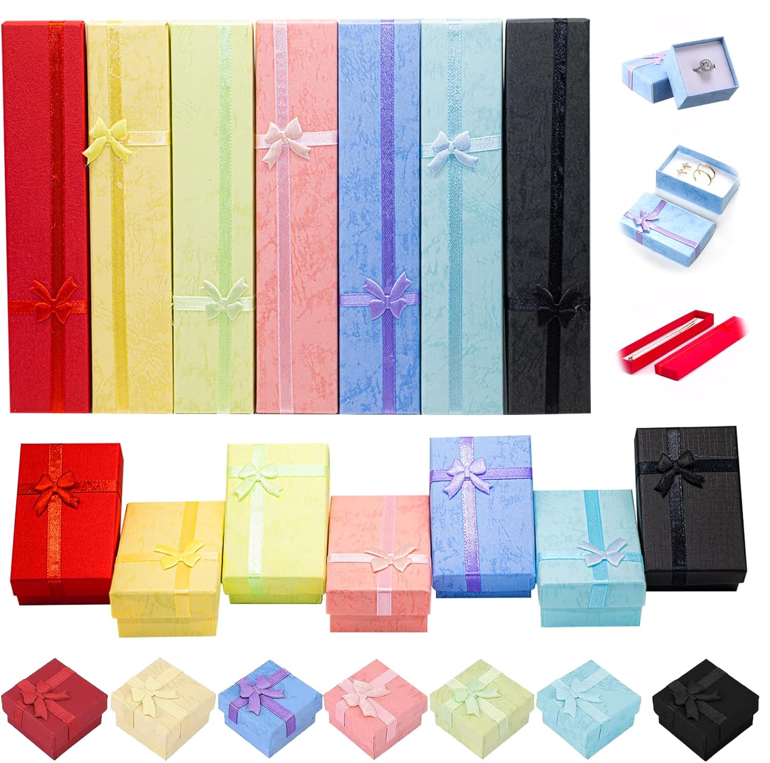 21Pcs 7 Colors Empty Jewelry Gift Boxes with Lids Assortment Set Contains 1.5” x 1.5” & 2”x 3” & 7.9”x 1.6” Cardboard Bowknot Packaging Box for Displaying Bracelet Rings Necklaces Earrings