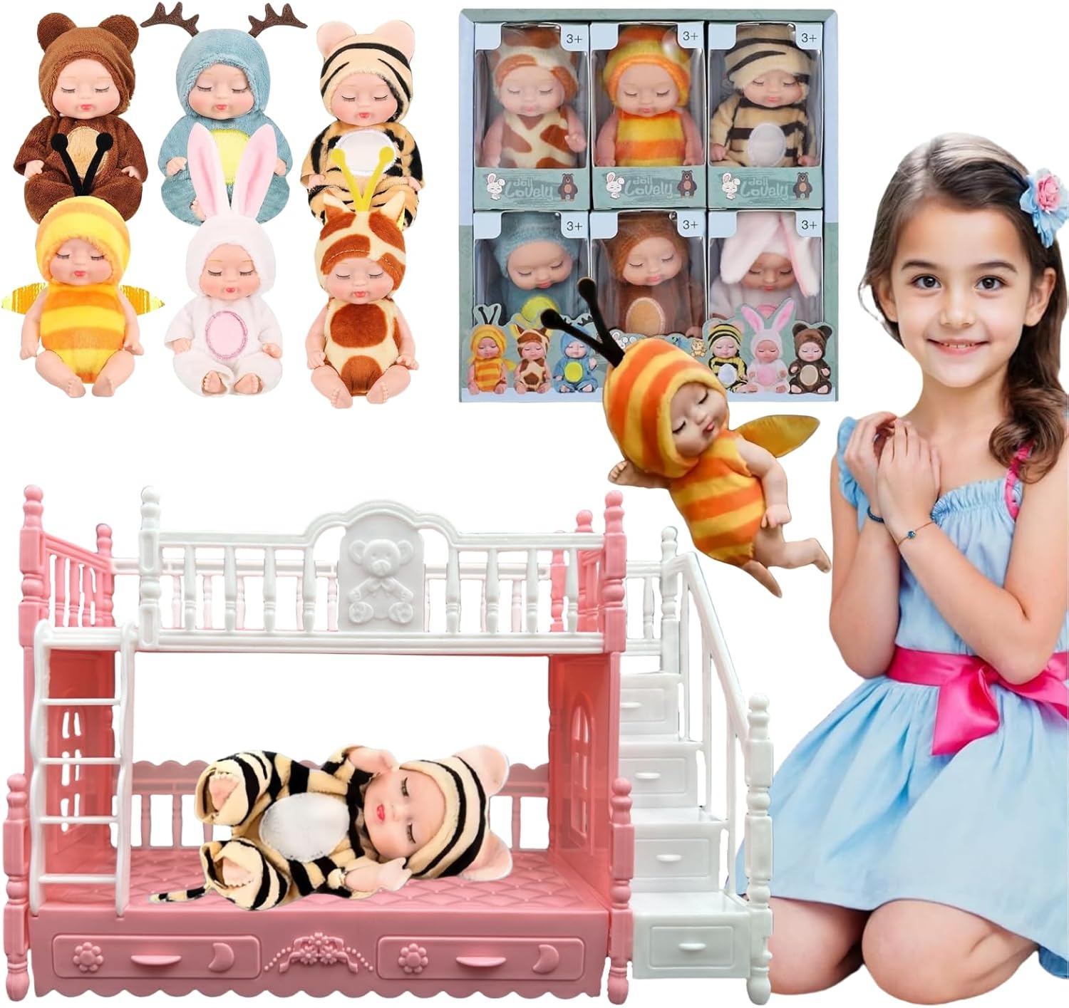 6 Pcs Mini Baby Dolls Set 4 Inch Small Baby Dolls with Animal Clothes and Bunk Bed Toy for Girls Boys Kids Gift,Age 3+ (Dolls A)