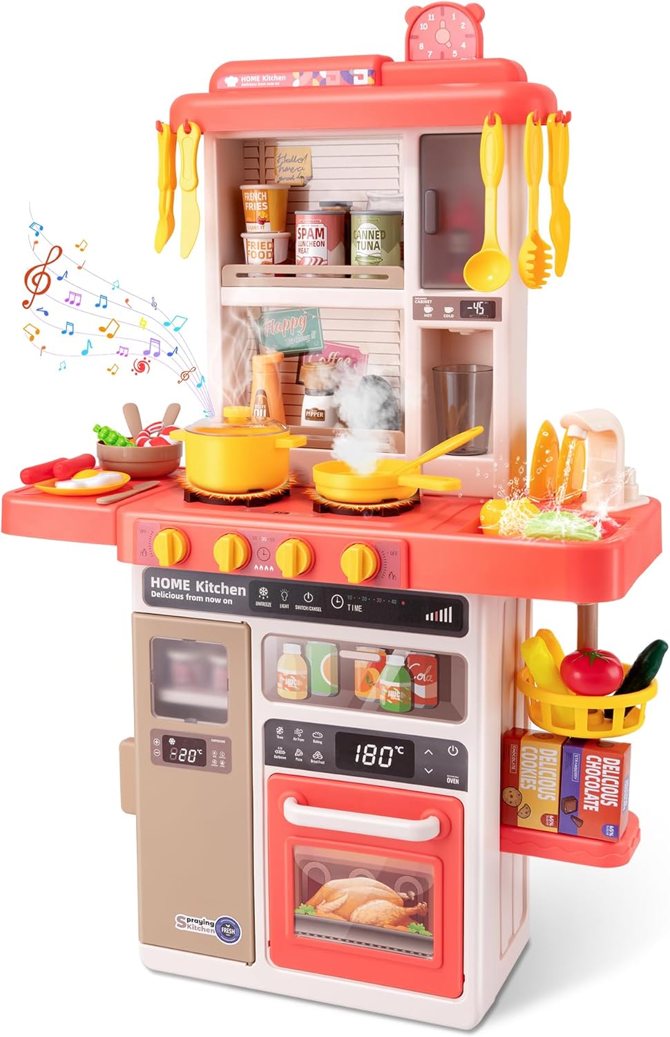 Kids Kitchen Play Set,Interactive Kids Kitchen Play Set with 50Pcs of Pretend Kitchen Toys,Realistic Sound Effects,and Simulated Functionality - Suitable for Toddlers Aged 3-5 Years(Pink)