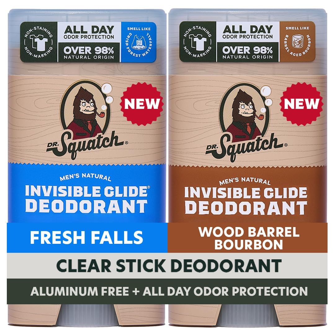 Dr. Squatch Invisible Glide Natural Men’s Deodorant – Smooth Glide, No Stains – Aluminum Free Deodorant Men – Safe for Sensitive Skin – Fresh Falls + Wood Barrel Bourbon – 2.65oz (2-Pack)