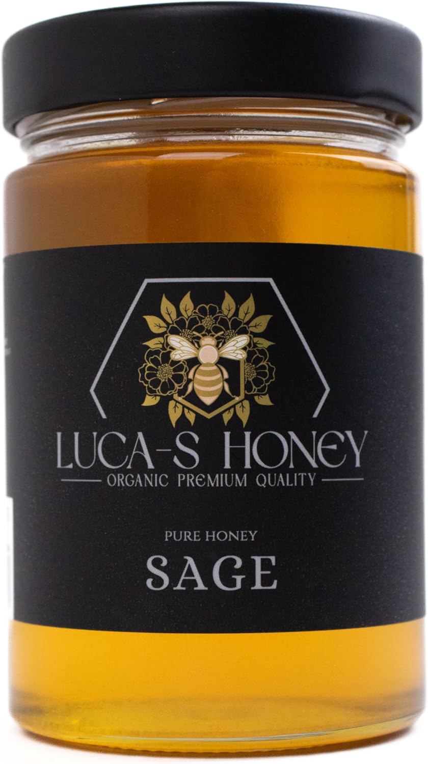 Luca-S Raw Honey Organic Premium Quality Sage Pure Honey, (380g) Organic Antibacterial, Unpasteurised, Unfiltered, Natural Honey