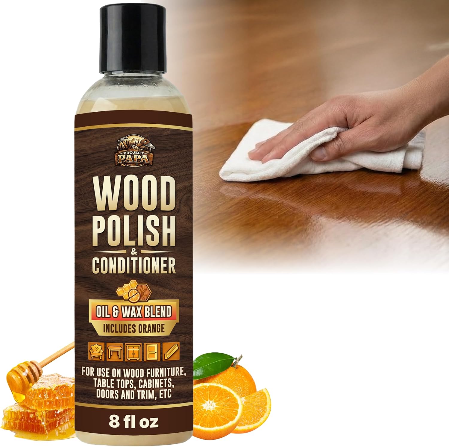 Beeswax Wood Polish and Conditioner with Orange Oil, Natural Shine, 8 oz