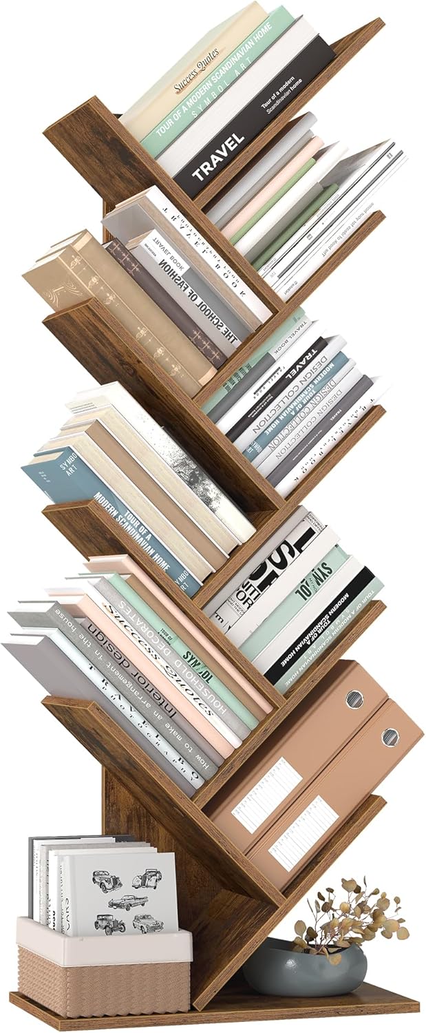 VASAGLE Tree Bookshelf, 9-Tier Floor Standing Bookcase, Space-Saving Corner Shelf, with Wooden Shelves for Bedroom, Living Room, Home Office, Rustic Brown LBC11BX