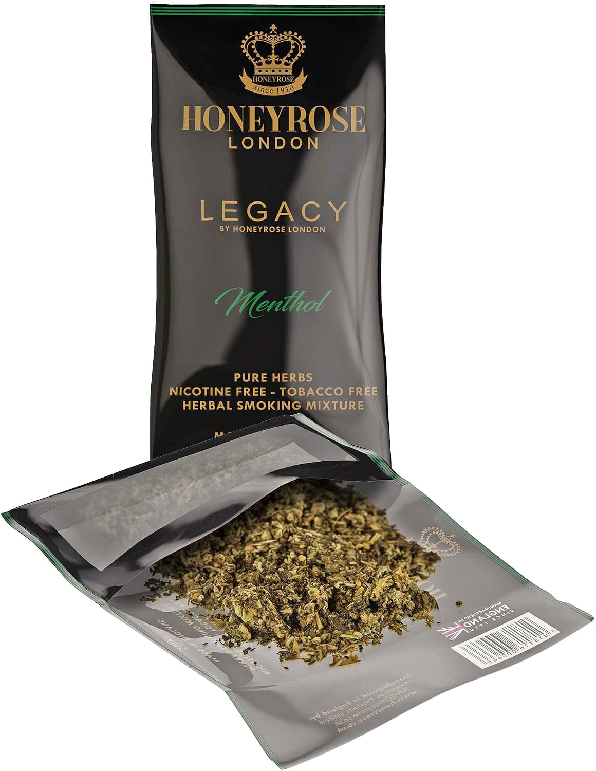 Honeyrose Legacy Menthol Smoking Herbal Mixture Menthol Flavor with Honey, 50gr Pouch,100% Tobacco & Nicotine Free, 100% Natural Smokable Herbs, Quit Smoking, Made in England