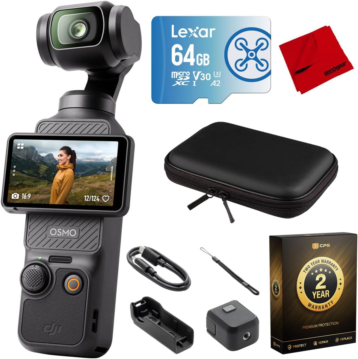 DJI Osmo Pocket 3 Handheld Gimbal Stabilizer with 1′′ CMOS & 4K/120fps Video, 3-Axis Stabilization Bundle with 10" Hard EVA Case, 64GB Memory Card and 2 YR CPS Enhanced Protection Pack