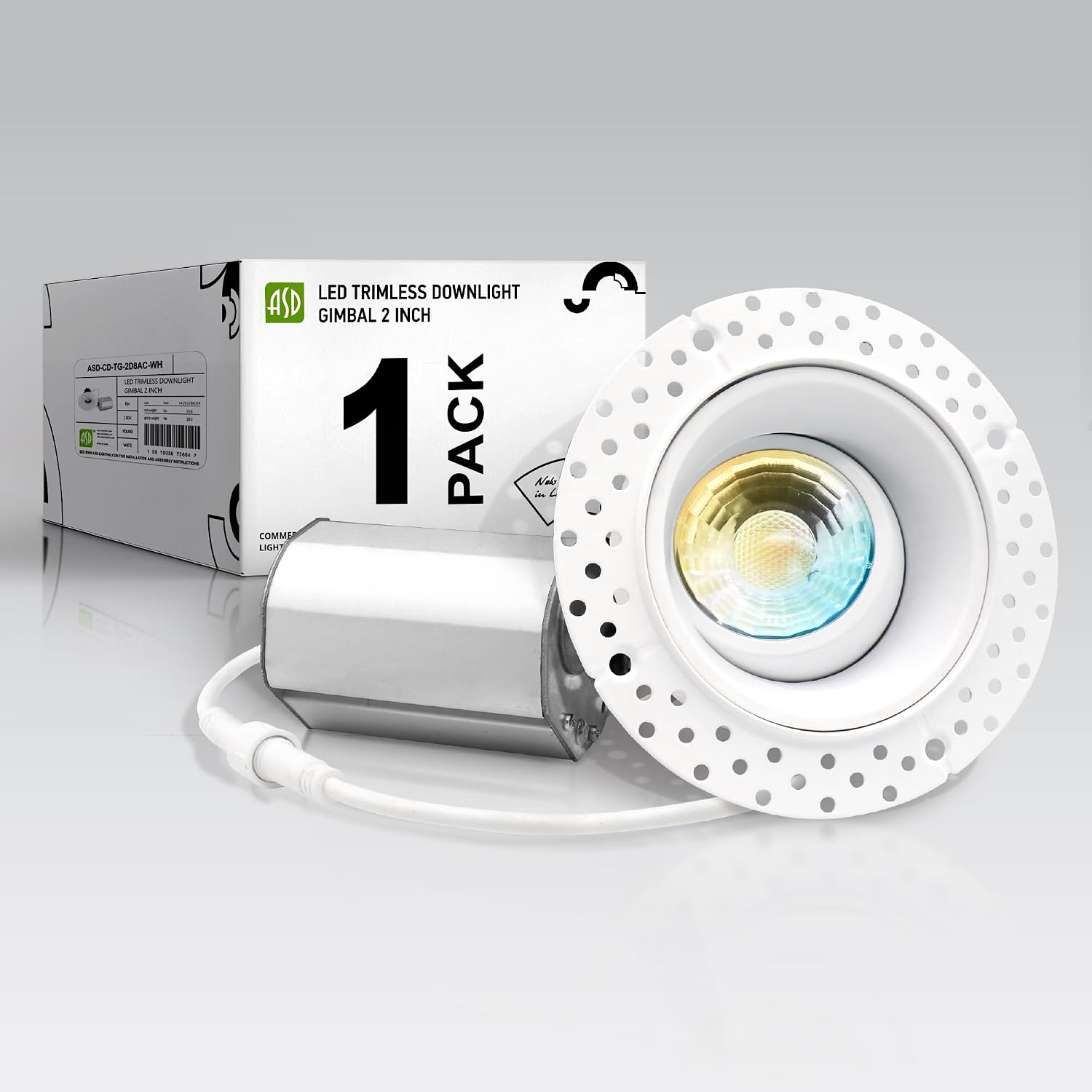 ASD 2 Inch Trimless Gimbal LED Recessed Ceiling Light Fixture, Adjustable Directional Downlight with Junction Box, 5CCT 2700K-5000K, 8W 717 Lumens, CRI90+, Anti-Glare, Dimmable, IC & Wet Rated, ETL