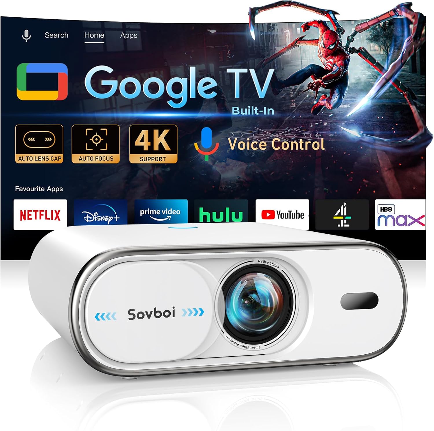 Outdoor Projector Compatible with Google TV|Voice Control|Auto Lens Cap&4D Keystone|Auto Focus|1500 ANSI Portable Projector 4K with WiFi and Bluetooth, Sovboi Smart Proyector for Netflix Home Theater