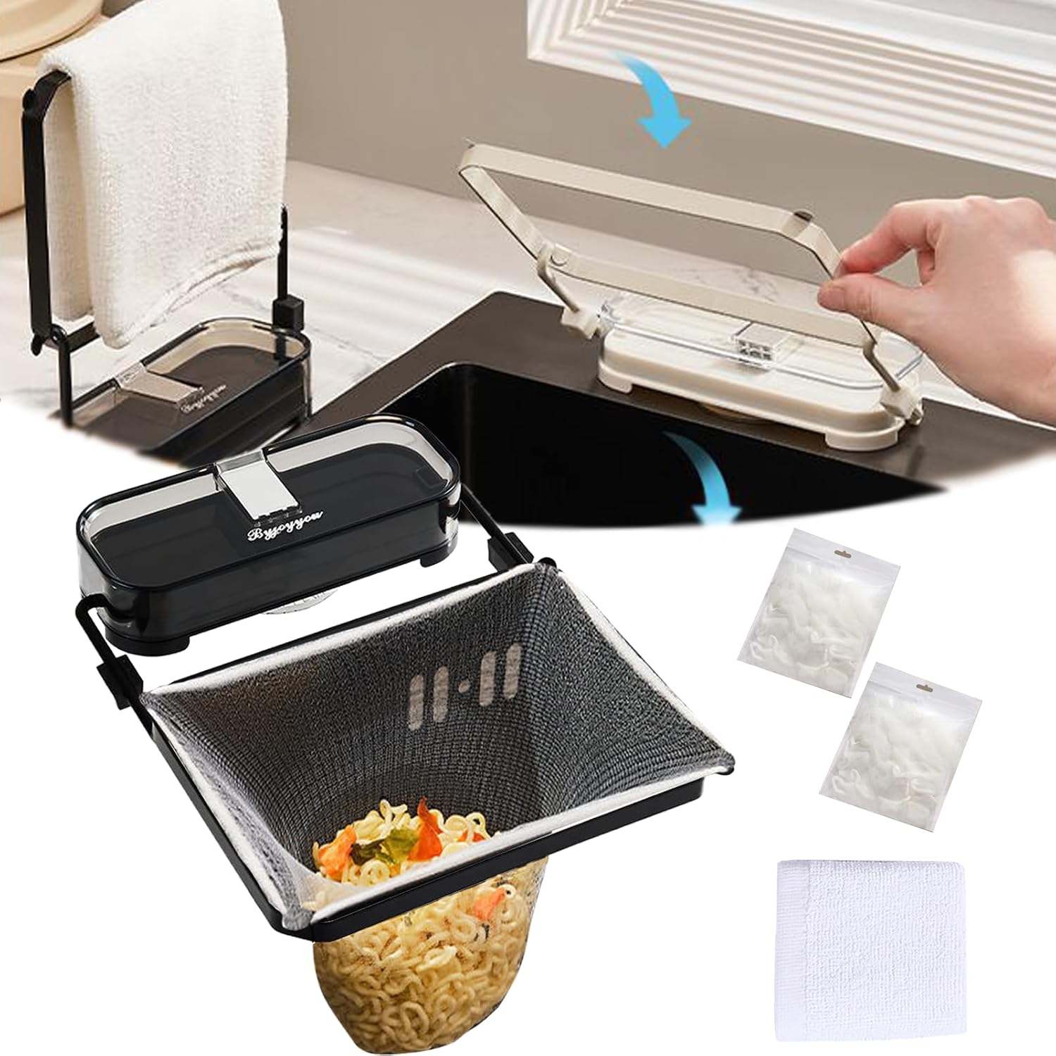Suction Cup Sink Strainer, Kitchen Sink Strainer, Kitchen Sink Strainer Basket, Corner Sink Strainer Kitchen Drain Sink Filter Rack Disposal Food Waste with 100 Filter Mesh Bags (Black)