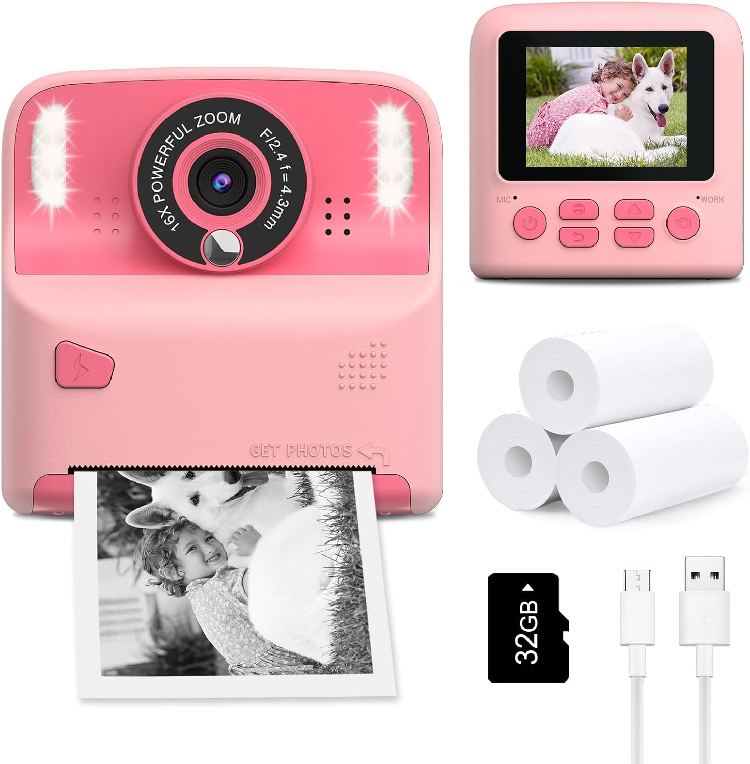 Amzelas Kids Instant Print Camera with 32GB Card Pink