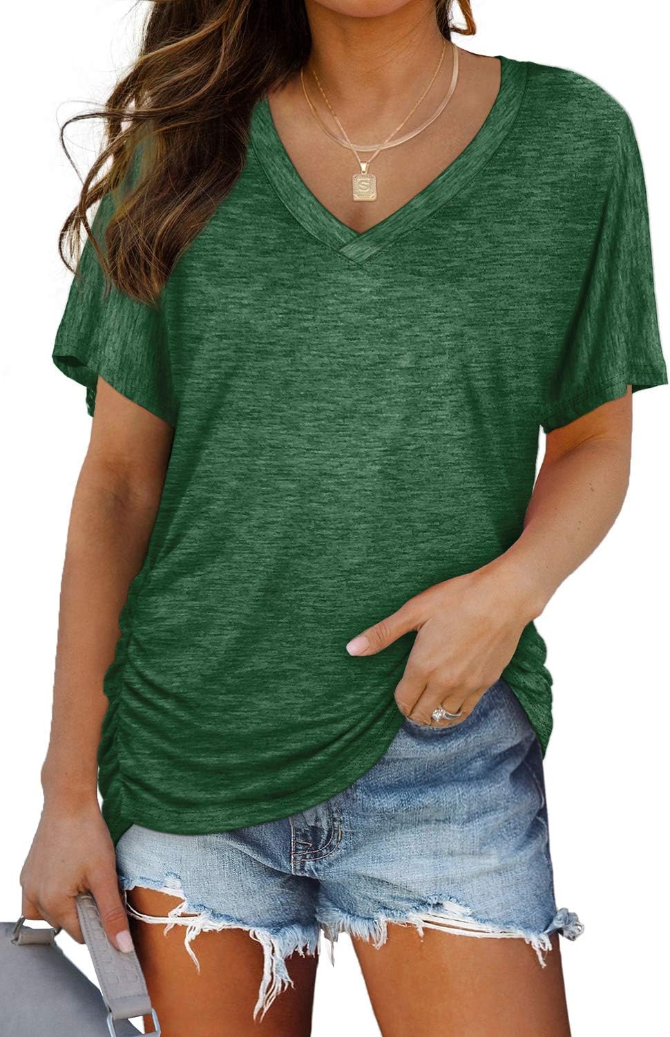 WIHOLL Womens Short Sleeve V Neck Dolman Tops with Side Shirring Loose Fit Shirts
