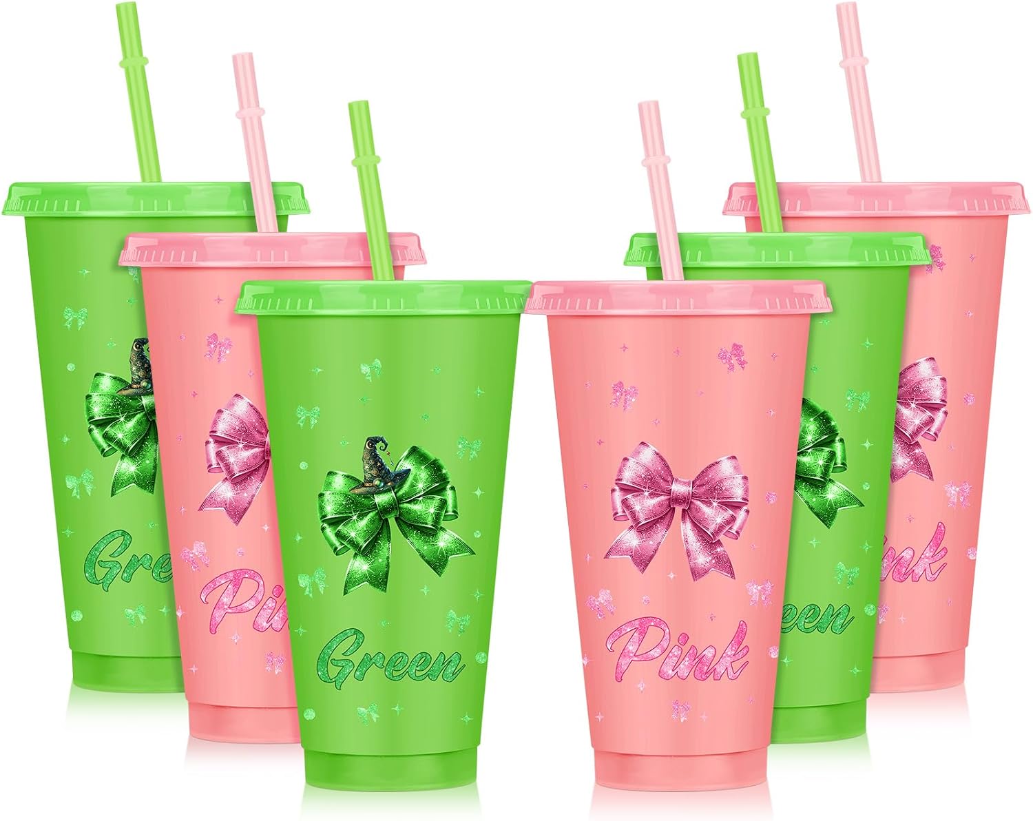 Skylety 6 Pcs Witch Party Decoration Pink and Green 24 oz Plastic Cups with Lids and Straws Witch Theme Party Favors Reusable Tumblers Bulk for Princess Theme Birthday Friendship Day Holiday