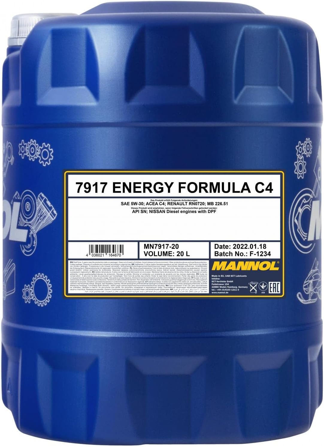 Mannol 20 Litres Energy Formula C4 5W-30 Engine Oil 7917 API SN Universal Fully Synthetic Ester Technology