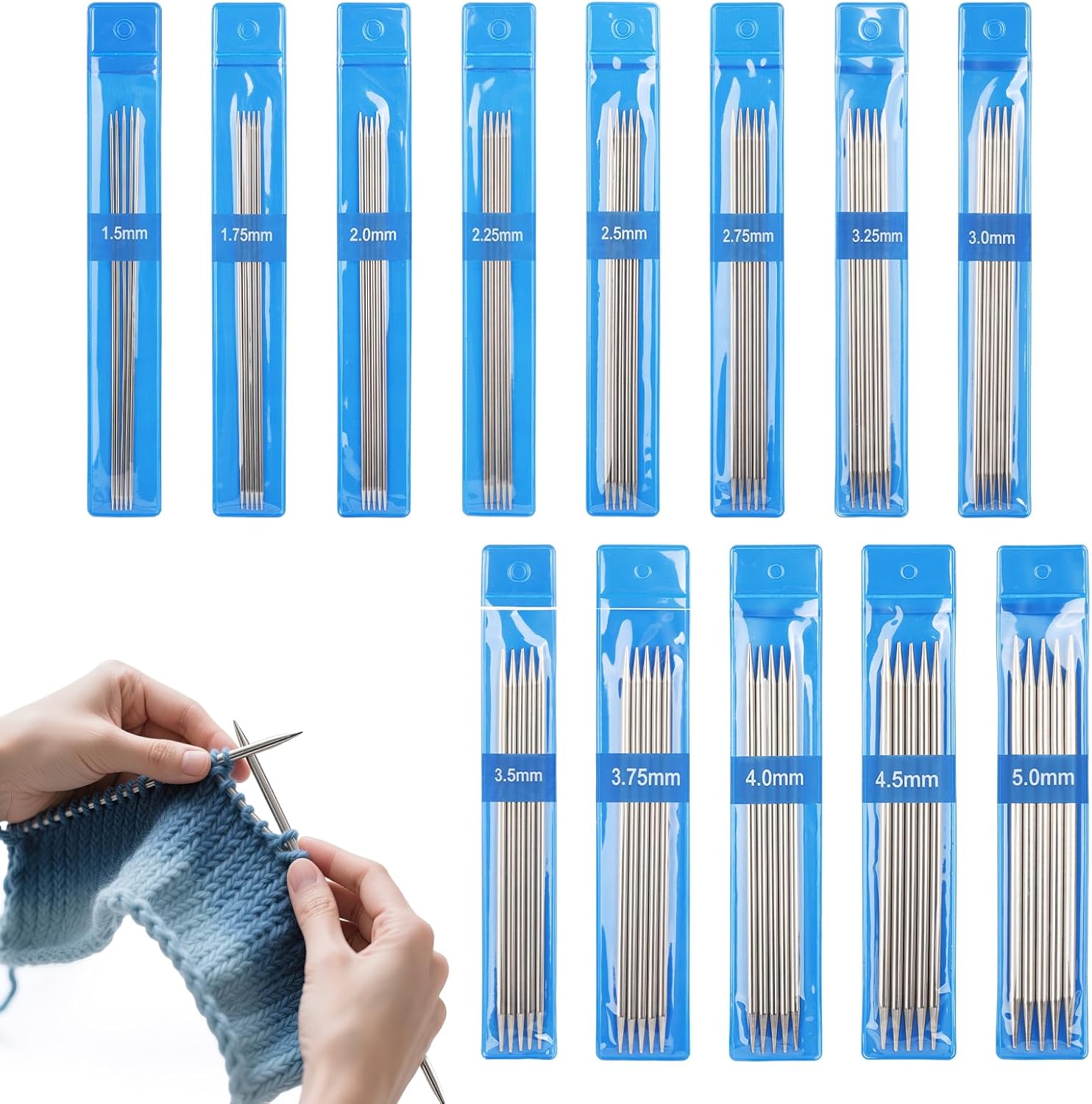 Coopay 65 pcs Double Pointed Knitting Needles Set, 15cm Short Double Ended Knitting Needles for Beginner, 1.5-5.0mm Metal Straight Needles Starter Kit for Sock, DPNs Knitting Pins Set