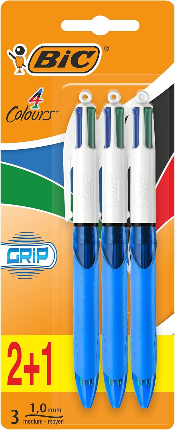 BIC 4 Colours Retractable Ballpoint Pens, Medium Point (1.0 mm) Every-Day Writing Pens with Extra Comfort Grip, Blue, Pack Of 3