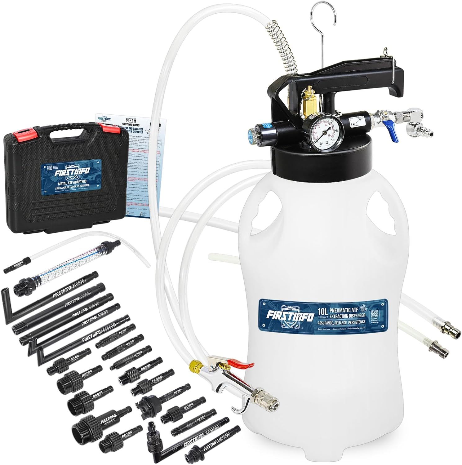 FIRSTINFO A1135QUS Patented 10 Liter 22 Pcs Taiwan-ATF Filler Adapters | Pneumatic Transmission Fluid Pump | 2 Way ATF Refill System Dispenser | Hanging Hook | 360° Z-Swivel Air Fitting