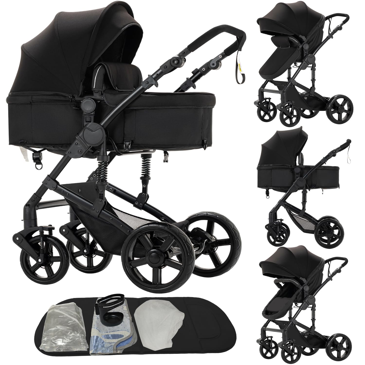 2 in 1 Baby Stroller Reversible Portable Standard Baby Stroller Convertible Pushchair Infant Buggy Baby Carriage Foldable High Landscape Pram for Toddler Newborn (2US588-BLACK)