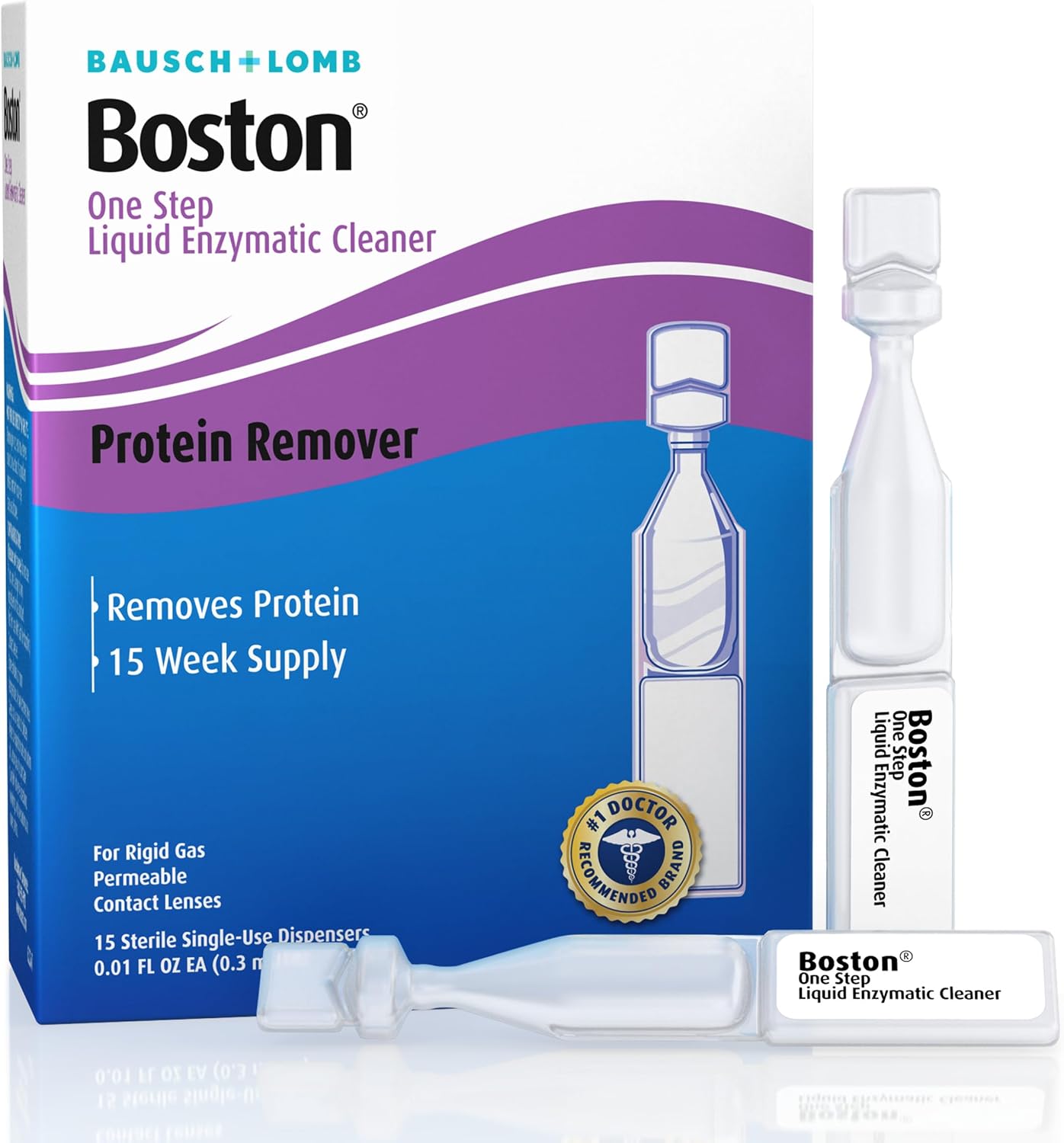 Boston One Step Liquid Enzymatic Cleaner RGP Lens, 15 Count | Preservative-free protein remover, rigid gas permeable lens solution, sterile single-use dispensers, hard contact lens care