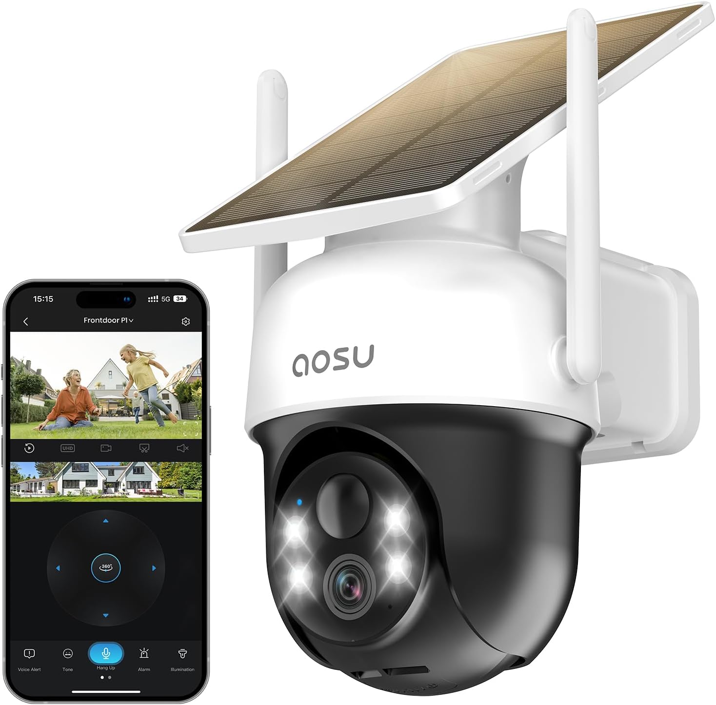 AOSU 2K/3MP WiFi Security Camera Outdoor Wireless, Solar Outdoor Camera, Home Surveillance with Panoramic PTZ, Automatic Tracking, Colour Night Vision, Light&Sound Alarm, 2-Way Audio, 2.4 GHz