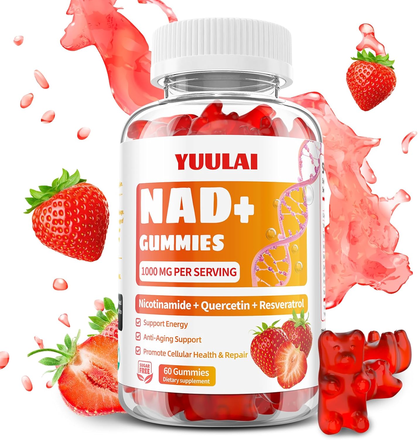 NAD+ Gummies, NAD Supplement for Women - NAD Nicotinamide Riboside Resveratrol 1000MG, NAD+ Plus Supplement Gummies for Anti-Aging, Cell Regeneration & Energy, Strawberry, 60 Count