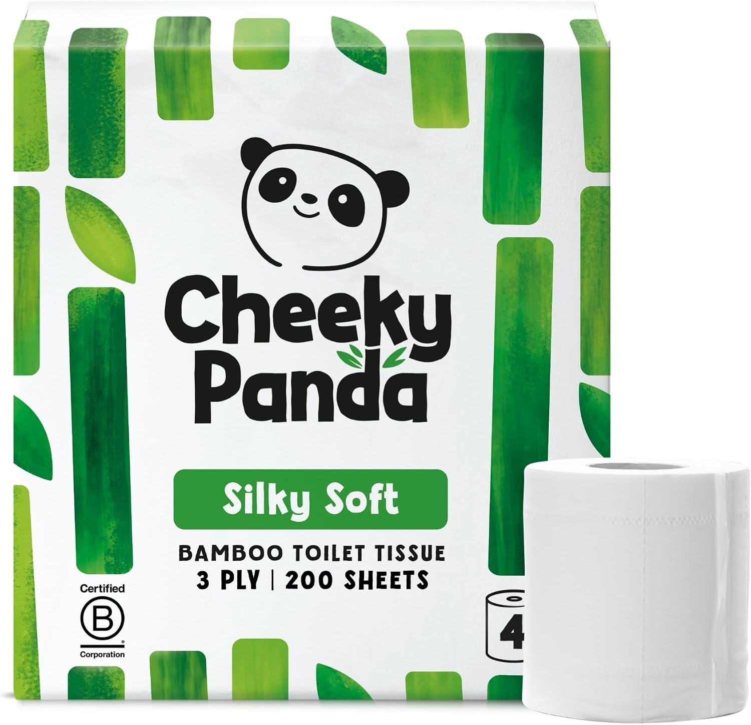 The Cheeky Panda Bamboo Toilet Paper | 4 Rolls with 200 Soft Sheets Each | Strong 3 -Ply Bamboo Tissue Paper | Plastic Free Packaging