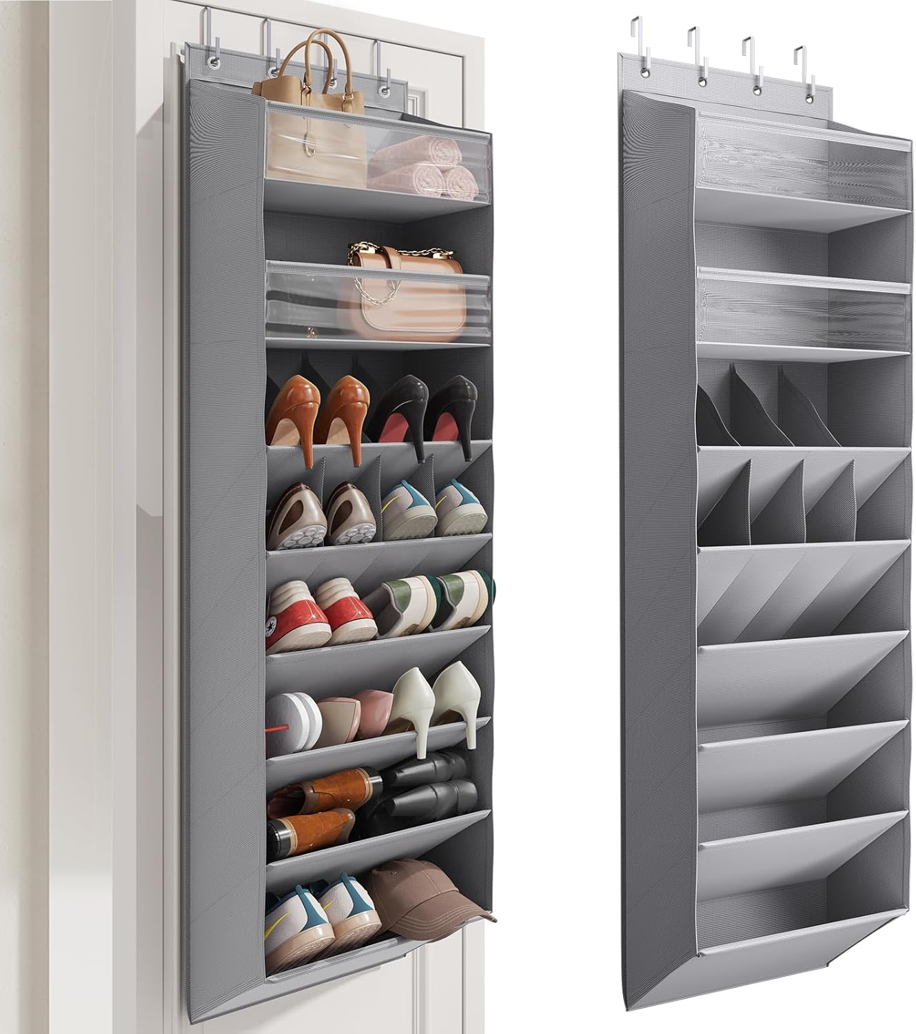 Over the Door Shoe Organizer, Hanging Shoe Organizers with 8 Tier Large Deep Pockets, Hanging Organization for Closet Shoe Organizer for Wall, Grey Shoe Holder 1 Pack 