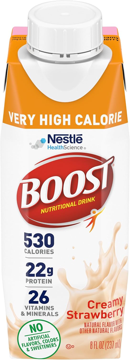BOOST Very High Calorie Nutritional Drink Creamy Strawberry, Made with Natural Strawberry Flavor & No Artificial Flavors, Colors & Sweeteners, 8 FL OZ (Pack of 3)