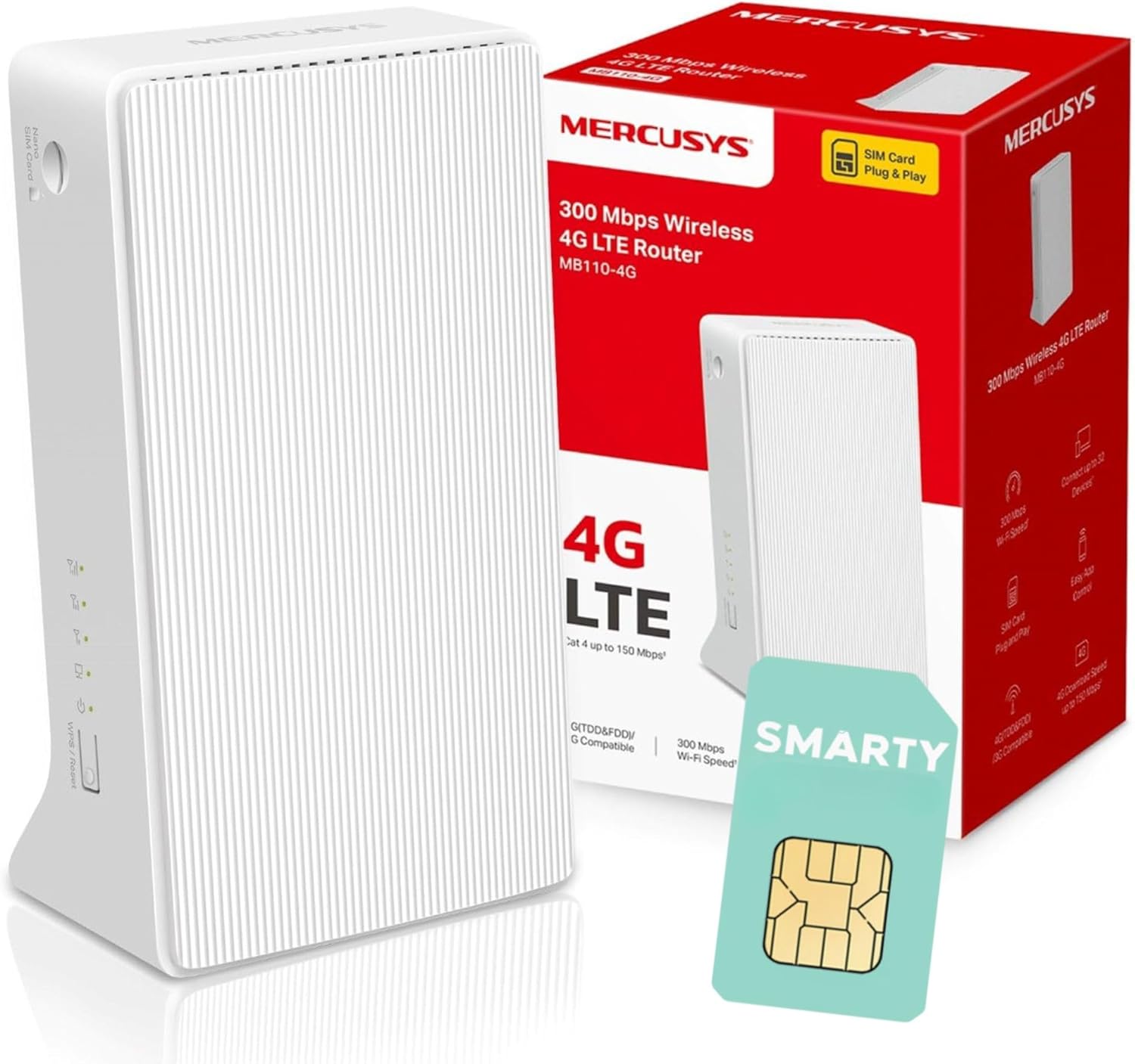 MERCUSYS MB110-4G N300 WiFi 4G Router with Free SIM card, TP-Link 300Mbps Wireless WiFi Router with Sim Slot, Plug & Play, Ethernet Port, Superfast 4G LTE Speed, 4G External Antenna Ports, App Control