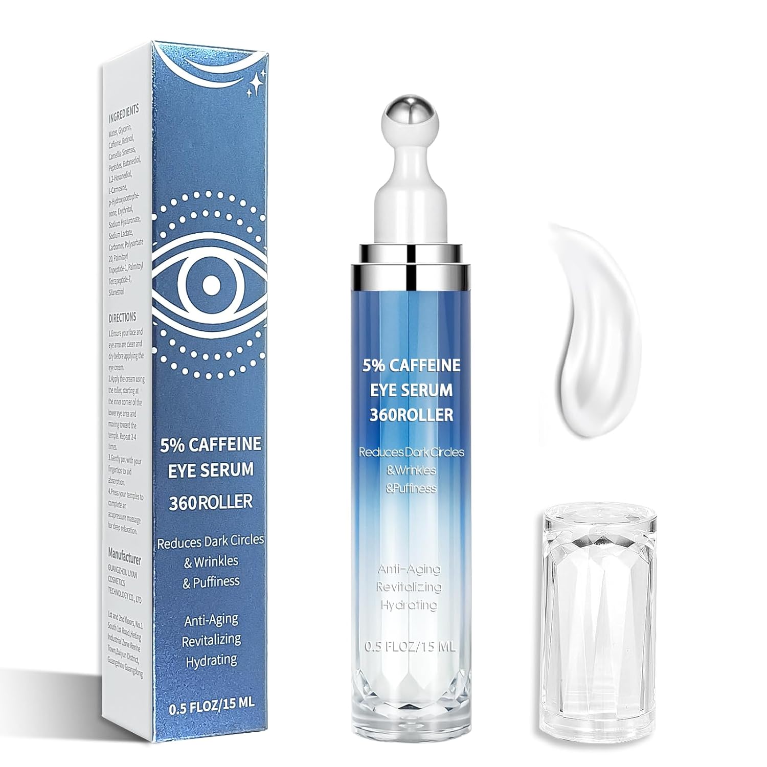 Caffeine & Retinol Eye Cream with 360° Massage Roller – Reduces Puffiness, Bags & Dark Circles – Peptides, Green Tea & Hyaluronic Acid – 15ml