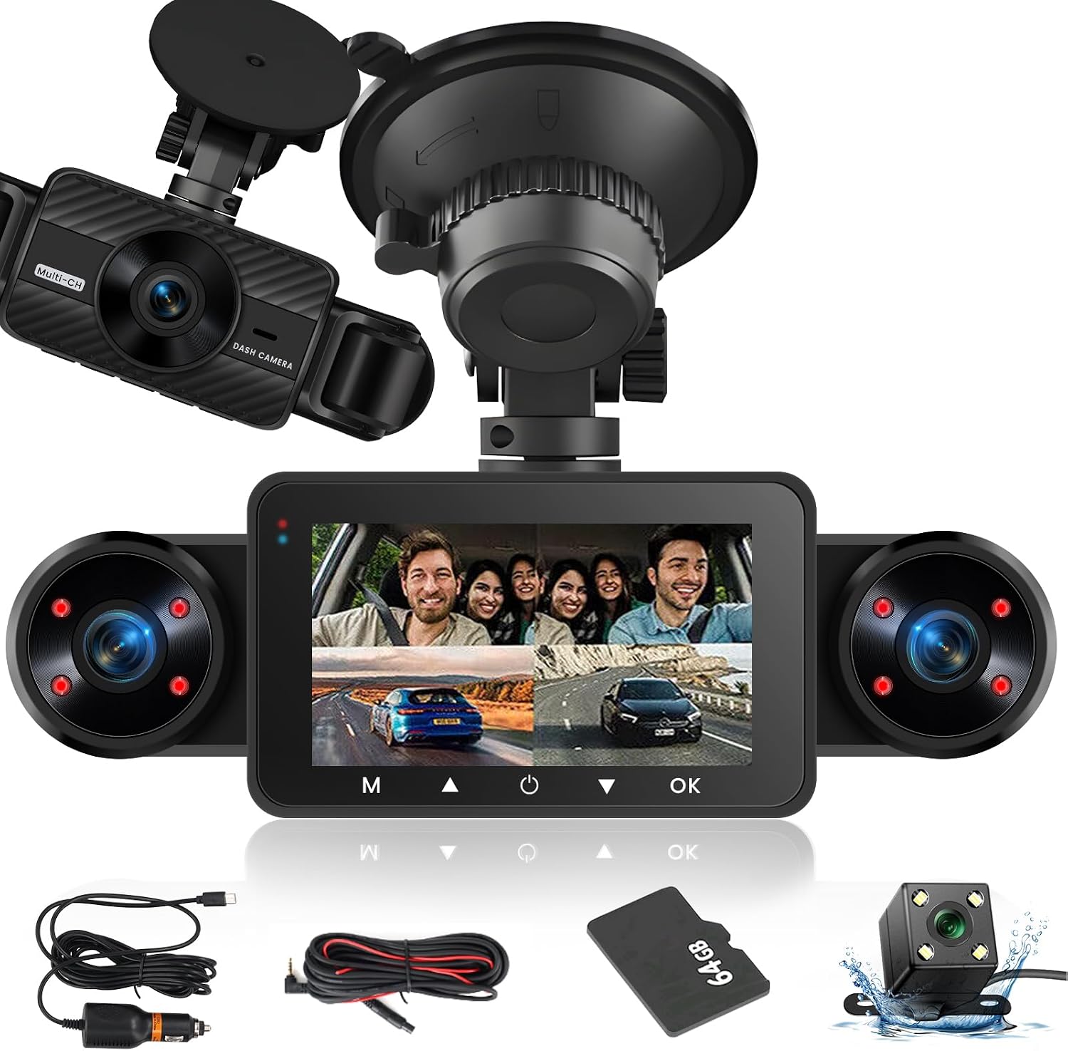 NHOPEEW Dash Cam Front and Rear Inside, 4 Channel Dash Cam 3" IPS Screen Front and Back with 8 IR Night Vision Lights, Loop Recording, 24 Hours Recording, G-Sensor, Reverse Help + 64G Memory Card