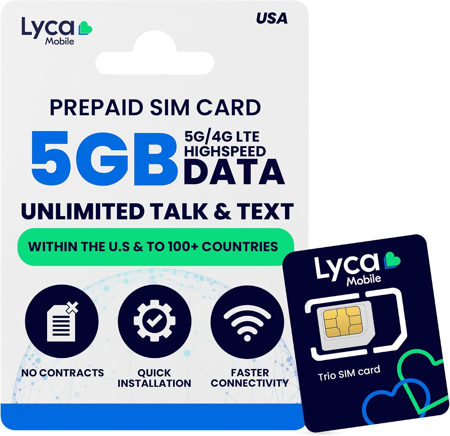 Lycamobile 30 Day USA Prepaid SIM Card for Cell Phones with 5GB High Speed 4G LTE/5G Data, International Talk & Text to 100+ Countries, Quick Activation, 3-in-1 Triple-Cut US Mobile SIM Card