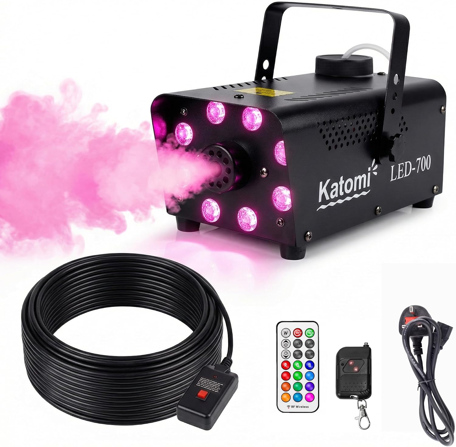 500W Smoke Machine with 13 Colour RGB Effect, 8 LED Lights, Mini Fog Machine with 3-Metre Wired Remote and Two Wireless Controllers for DJ Disco Parties, Halloween, and Weddings