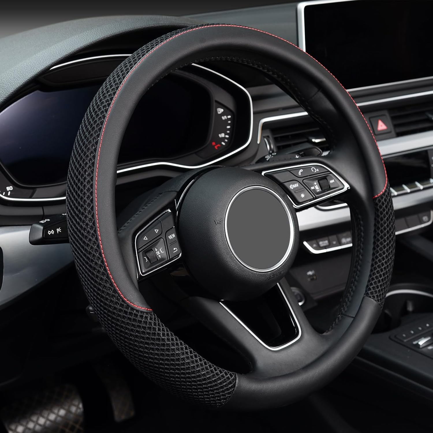 KAFEEK Steering Wheel Cover, Universal 15 inch, Microfiber Leather Viscose, Breathable, Anti-Slip,Warm in Winter and Cool in Summer, Black