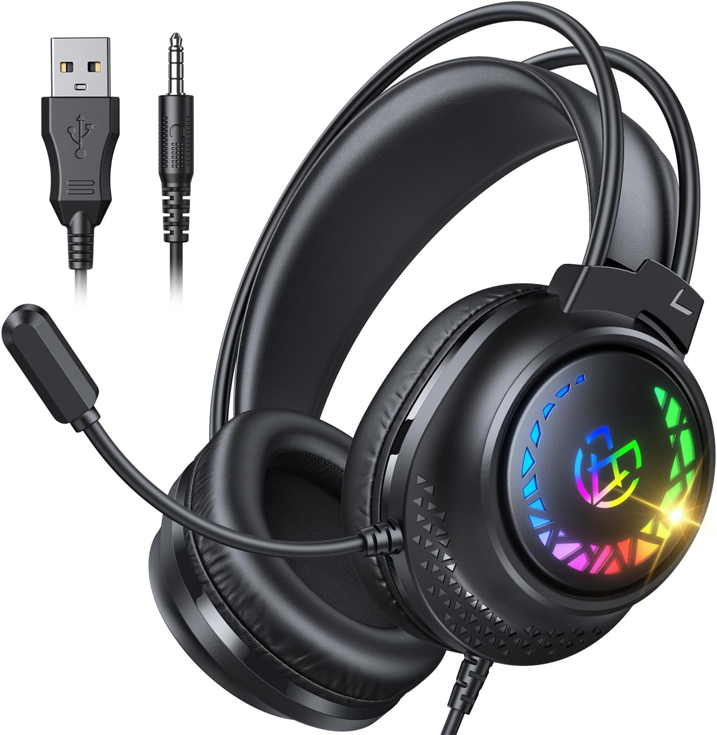Tatybo Gaming Headset for Ps5 Ps4 Xbox Series X/S, Wired Gaming Headphones for Switch Xbox One PC Stereo Surround Sound Noise Cancelling Mic LED Lights