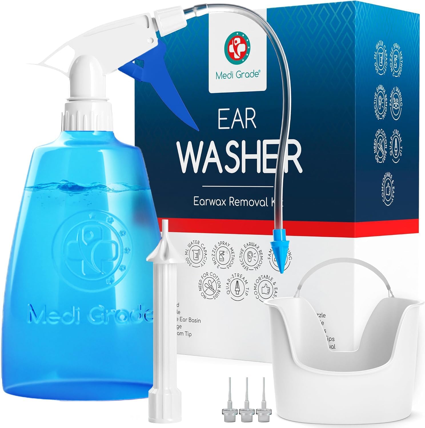 Medi Grade Earwax Removal Kit with 300ml Bottle - Ear Cleaner with 2 Spray Nozzles - Reusable Home Ear Cleaning Kit - Safe Irrigation Set with 5 Tips & Hand-Free Basin