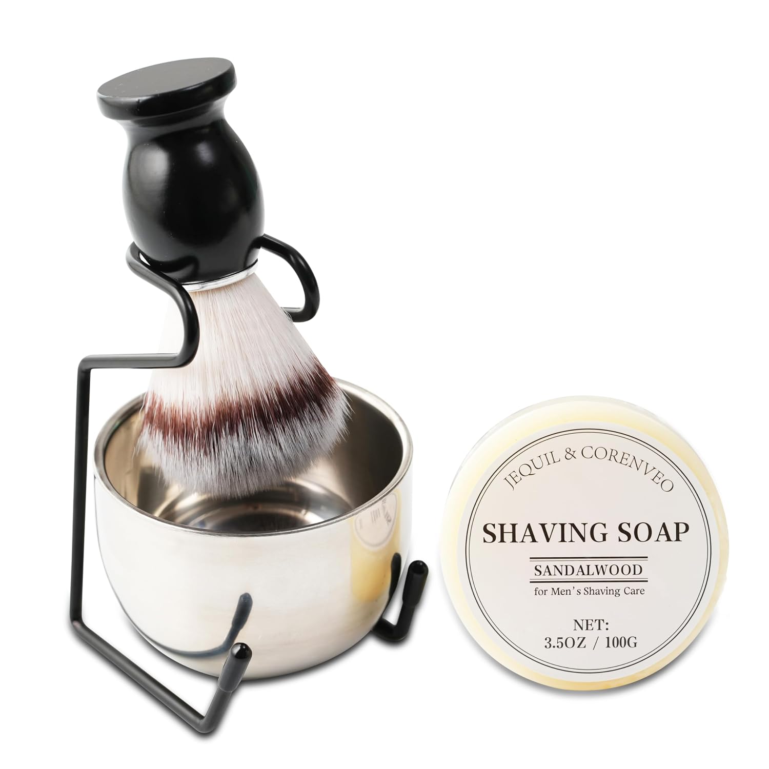 Men's Shaving Brush Set with Soap, Steel Bowl and Razor Stand, 4-Piece
