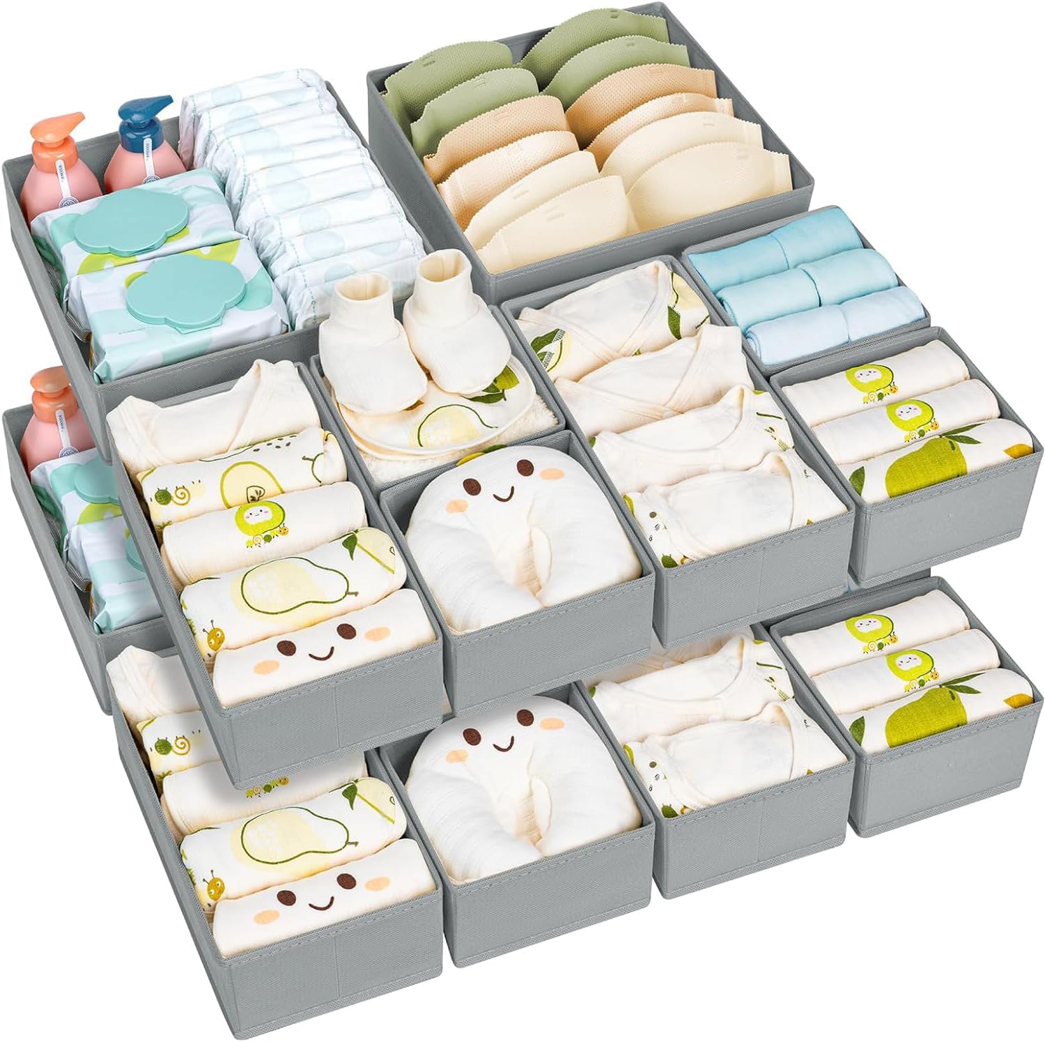 Homsorout 15 Pack Drawer Organisers Foldable Storage Box - Fabric Clothes Wardrobe Dresser Organization Drawer Dividers Cubes for Socks, Underwear, Ties, Bedroom, Grey
