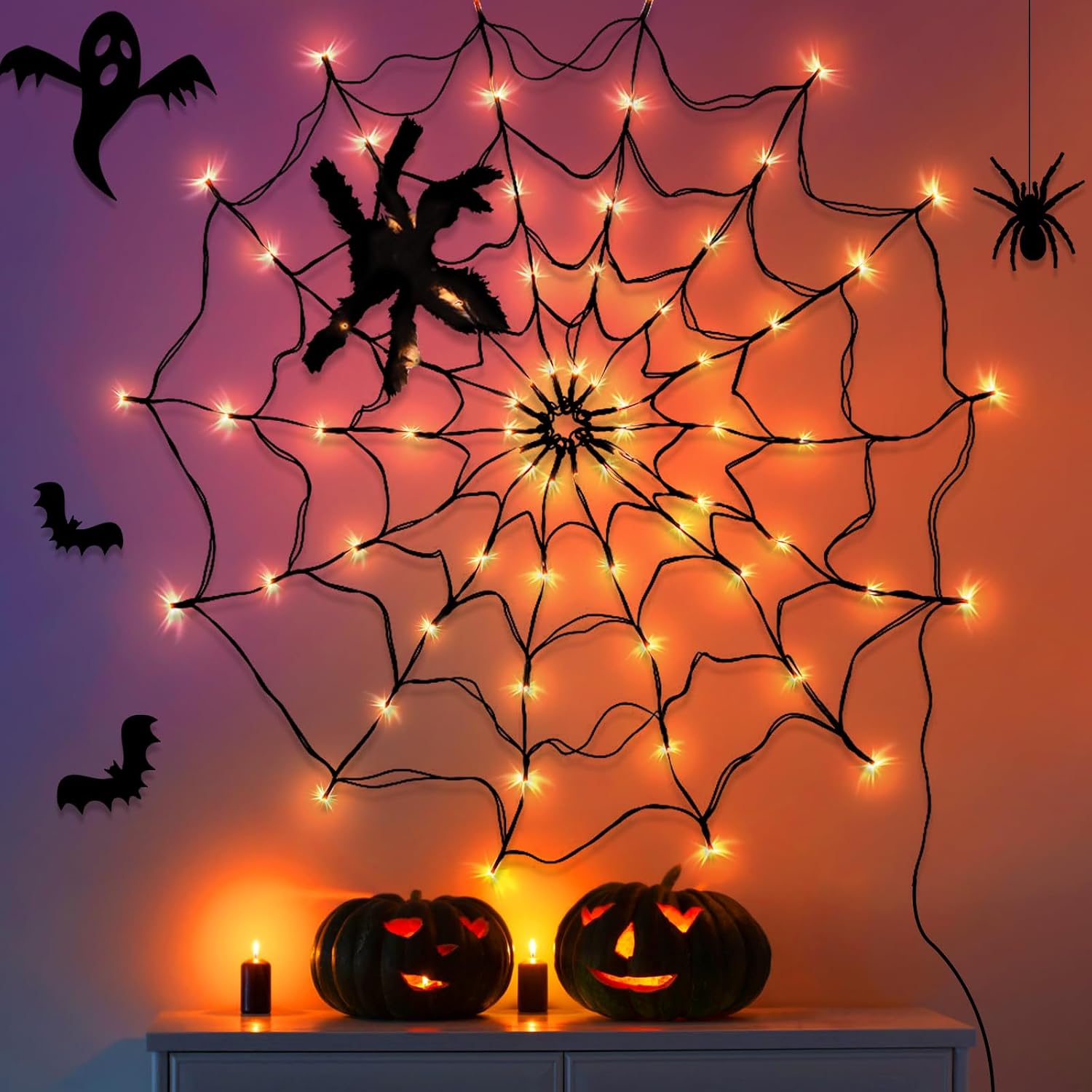 Halloween Decorations CNMTCCO Halloween Spider Web Lights With Plush Spider - Spooky Indoor Light-Up Decorations For Kids Party Haunted House Window Decor (3FT/100CM）