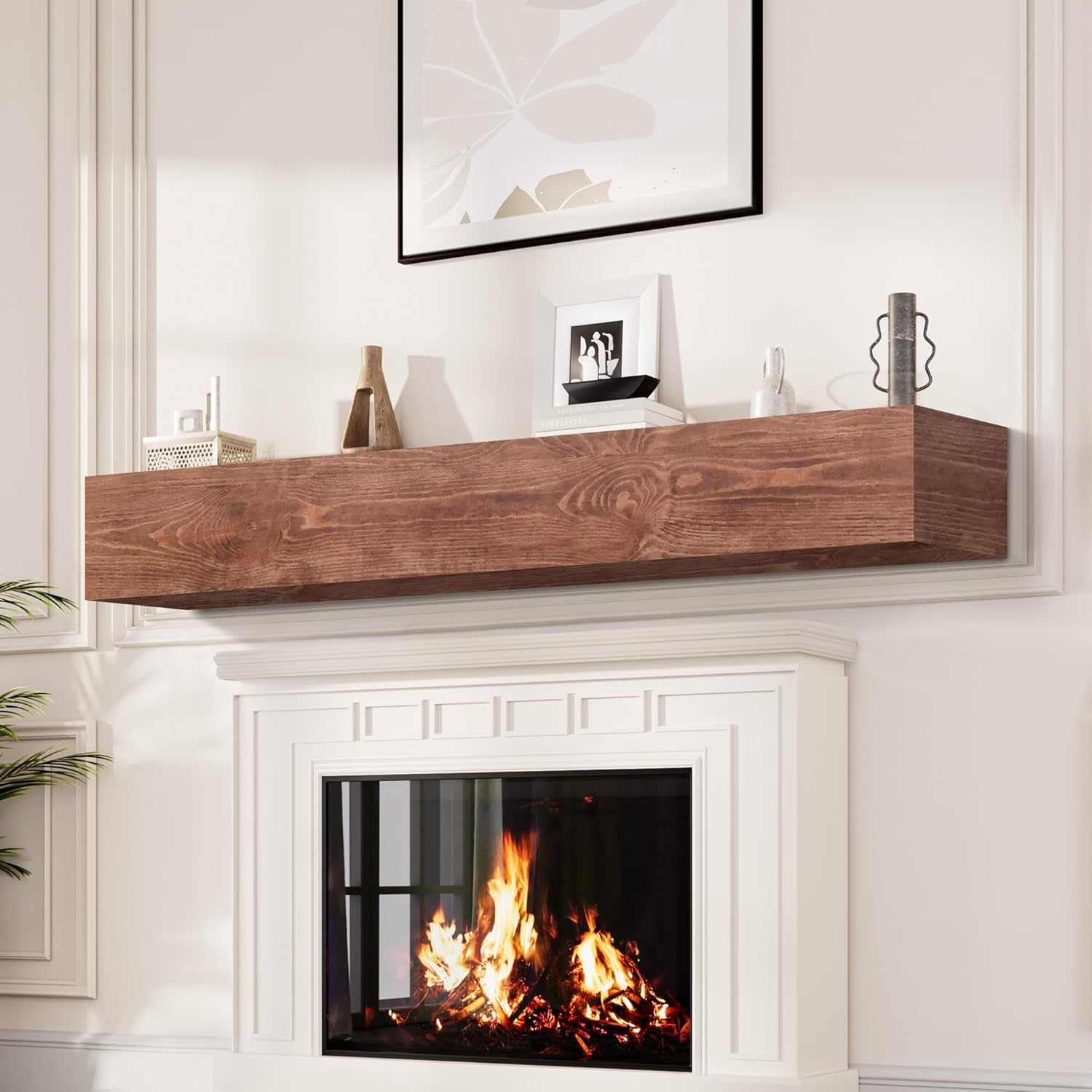 Fireplace Mantel, Handcrafted Mantel Shelf for Over Fireplace, Wood Mantel with Invisible Heavy Duty Bracket, Wood Floating Shelves for Wall-Mounted, 72 Inch, Walnut