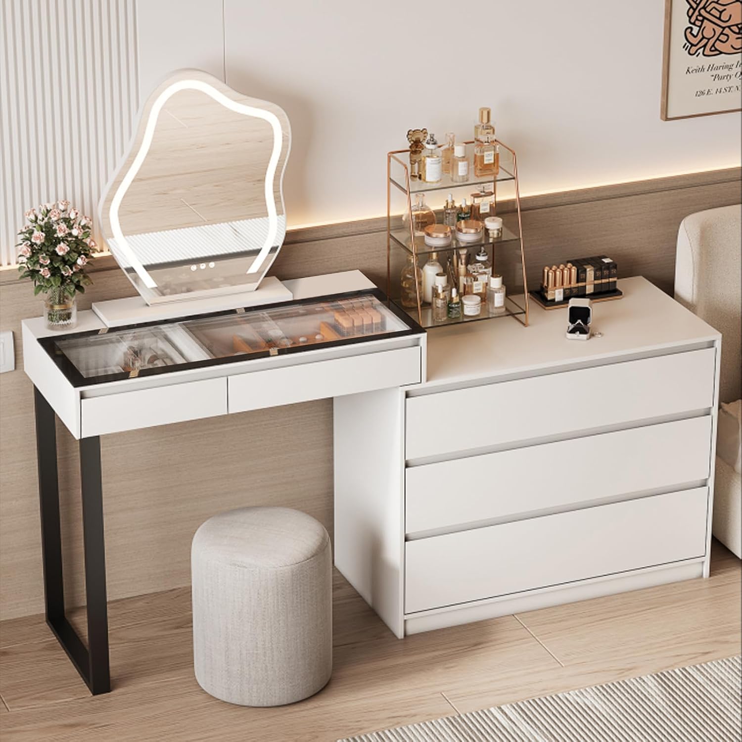 Vanity Dressing Tables with LED Mirror, Vanity Table Makeup Desk with Glass Top, Storage Cabinet, 5-Drawers Makeup Organiser, Modern L-Shaped Dresser for Bedroom