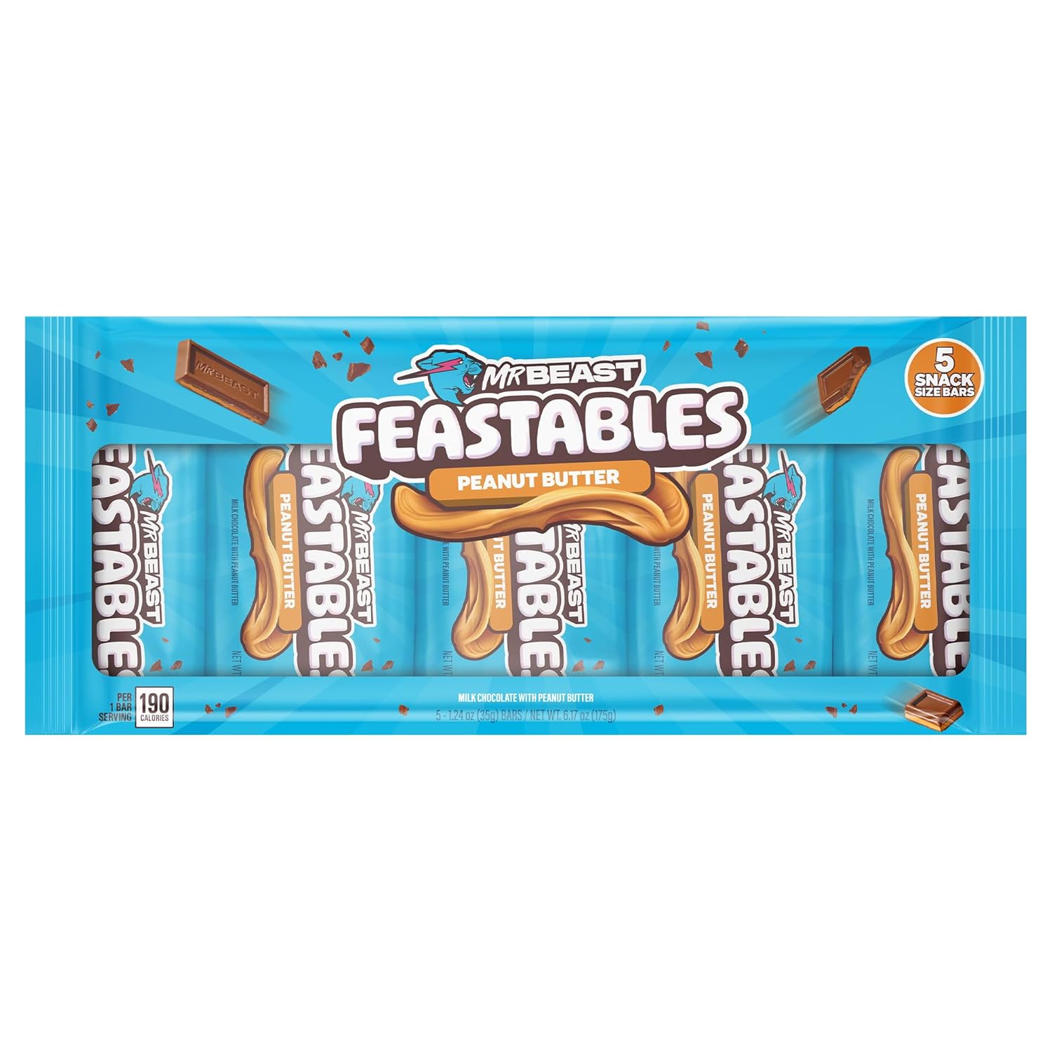 Feastables MrBeast Peanut Butter Milk Chocolate Chocolate Bar, Full Size Candy Bar for Adults & Kids, Candy Bars for Snacks, Gifts, & Dessert, Sweet & Creamy Fairtrade Cocoa, 1.24 Oz Each, 5 Count